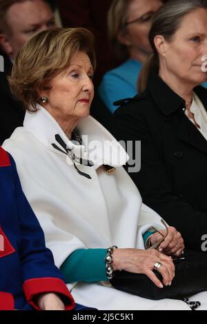 VENICE, ITALY APRIL 21 2022: Queen Sonja of Norway inaugurates the Sámi Pavilion in the Nordic Pavilion during the 59th Venice Biennale of Art Stock Photo