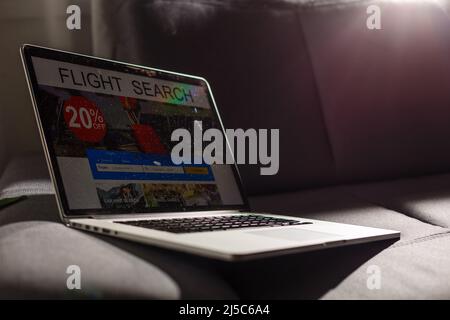 flight search on internet website, travel planning concept, airplane tickets online. Stock Photo
