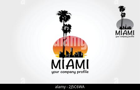Miami beach Vector Logo Illustration in classic style with sea, building, sun. Scenic sunset on tropical beach with palm trees. Stock Vector