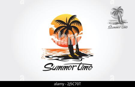 Summer Time Vector Logo Illustration. Water ocean waves with sun, palm tree and beach, for restaurant and hotel. Palm Beach logo is fully customizable Stock Vector