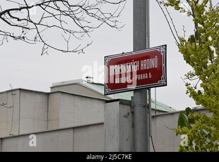 Prague, Czech Republic. 22nd Apr, 2022. A part of Korunovacni street outside the Russian embassy in Prague, Czech Republic, was renamed to Ukrainian Heroes street, on April 22, 2022. Credit: Michal Krumphanzl/CTK Photo/Alamy Live News Stock Photo