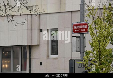 Prague, Czech Republic. 22nd Apr, 2022. A part of Korunovacni street outside the Russian embassy in Prague, Czech Republic, was renamed to Ukrainian Heroes street, on April 22, 2022. Credit: Michal Krumphanzl/CTK Photo/Alamy Live News Stock Photo