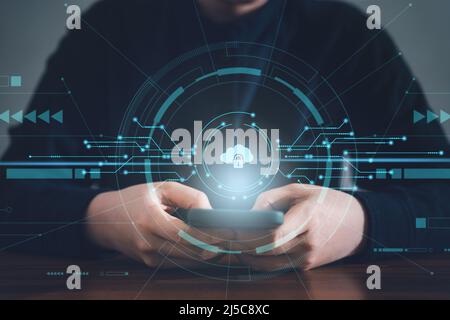 Woman using mobile smart phone technology with data security and internet connection design concept. Stock Photo