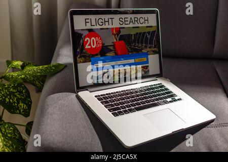 flight search on internet website, travel planning concept, airplane tickets online. Stock Photo