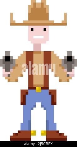 Pixel art cowboy holding a gun, vector illustration Stock Vector