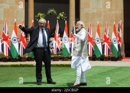 Indian Prime Minister Narendra Modi (R) and British Prime Minister Boris Johnson (L) seen at the Hyderabad House before their meeting in Delhi. The UK Prime Minister is on a two-day visit to India. He said India specific open general export license for defence procurement after meeting with Indian Prime Minister Narendra Modi. (Photo by Naveen Sharma / SOPA Images/Sipa USA) Stock Photo