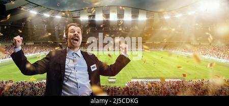 Proud man, professional sport commentator having online TV stream,  broadcasting football match isolated over stadium background Stock Photo -  Alamy