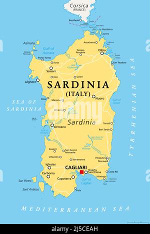 Sardinia, Italian island, political map with capital Cagliari. Sardegna, Autonomous Region of Sardinia, 2nd-largest island in the Mediterranean Sea. Stock Photo