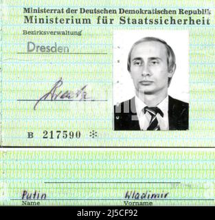 VLADIMIR PUTIN, Russian President. The East German Stasi identification card issued while he worked as a KGB agent in Dresden in 1985. Stock Photo