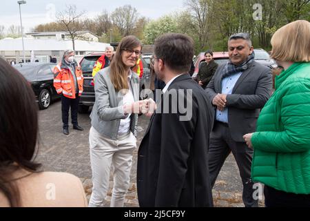 Thomas KUTSCHATY, top candidate of the NRW SPD and chairman of the SPD state parliamentary group, and SPD top candidate for the 2022 state elections, is welcomed by Christina KAMPMANN, MdL, Bielefeld, on April 21, 2022. Stock Photo