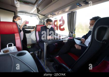 Thomas KUTSCHATY, top candidate of the NRW SPD and chairman of the SPD state parliamentary group, and SPD top candidate for the 2022 state elections, in his campaign bus on April 20th, 2022. Stock Photo