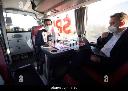 Thomas KUTSCHATY, top candidate of the NRW SPD and chairman of the SPD state parliamentary group, and SPD top candidate for the 2022 state elections, in his campaign bus on April 20th, 2022. Â Stock Photo