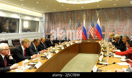 BARACK OBAMA US President  meets with Vladimir Putin in New York Cioty for talks on Syria on 29 September 2015. Photo: Kremlin,ru Stock Photo