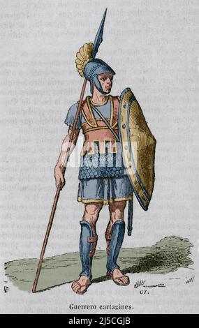 Carthaginian warrior. Engraving. Later colouration. Historia General de España by Father Mariana. Madrid, 1852.
