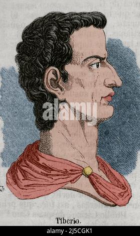 Tiberius (42 BC-37 AD). Second Roman emperor. Julio-Claudian dynasty. He reigned from 14 AD to 37 AD. Portrait. Engraving. Later colouration. Historia General de España by Father Mariana. Madrid, 1852. Stock Photo