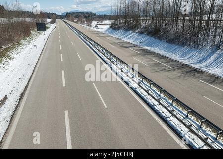 View of the A7 highway near Kempten. Normally, there is heavy traffic here on weekdays, but because of the corona pandemic, not a single car can be seen. [automated translation] Stock Photo
