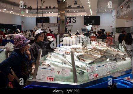 Sept. 26, 2019, Sydney, New South Wales, Australia - A customer examines fresh fish sitting on crushed ice at a stall in the Sydney Fish Market at Blackwattle Bay in Pyrmont. [automated translation] Stock Photo