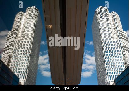 08.06.2019, Berlin, Germany, Europe - The tower of the Upper West building complex on Kurfuerstendamm in Berlin-Charlottenburg is reflected in a shop window. The building was designed by architects Christoph Langhof and KSP Juergen Engel. [automated translation] Stock Photo