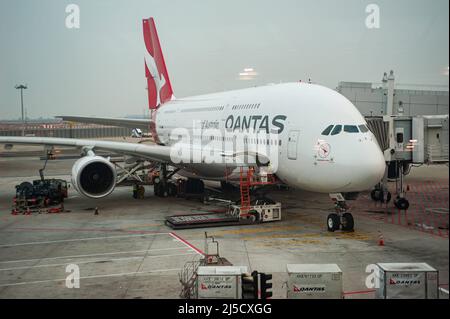 Sept. 20, 2019, Singapore, Republic of Singapore, Asia - A Qantas Airways Airbus A380-842 passenger aircraft, registration VH-OQB and named after Hudson Fysh, parks at the gate at Changi International Airport (SIN). Qantas is a member of the One World Airline alliance. [automated translation] Stock Photo