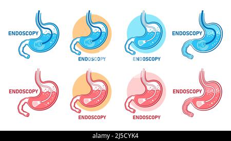 Endoscopy stomach, gastroscopy, gastrointestinal medical diagnostic icon set. Gastroenterology endoscope, gastro intestinal tract examination. Vector Stock Vector