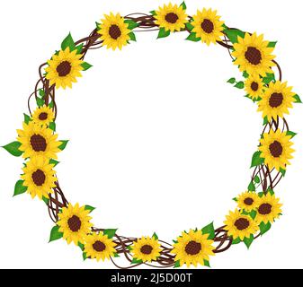 Yellow sunflower wreath with green leaves. Round frame, cute bright ...