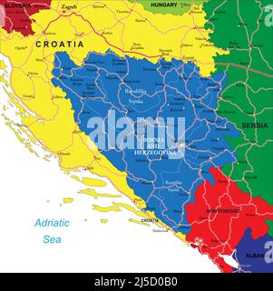 Highly detailed vector map of Bosnia & Herzegovina with administrative regions, main cities and roads. Stock Vector