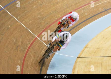 Glasgow, UK. 22nd Apr, 2022. On day two of the UCI Track Nations Cup, Women cyclists from across the world took part in the Women's Sprint qualifying race. Credit: Findlay/Alamy Live News Stock Photo