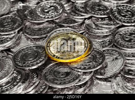 Gold bitcoin cryptocurrency on pile silver coins a lot of Stock Photo
