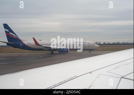 Dec. 14, 2021, Berlin, Germany, Europe - A Boeing 737-800 passenger aircraft of the Russian airline Aeroflot with registration VP-BZA taxis to the runway at Berlin Brandenburg Willy Brandt Airport. Aeroflot is a member of the SkyTeam aviation alliance. [automated translation] Stock Photo