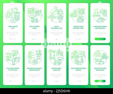 Sustainable urbanization green gradient onboarding mobile app screen set Stock Vector