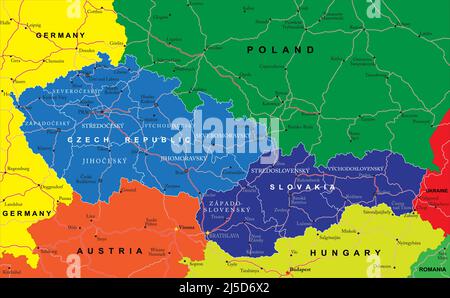 Highly detailed vector map of Czech and Slovak Republics with administrative regions, main cities and roads. Stock Vector