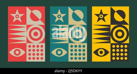 Bauhaus poster, abstract geometric background. Pattern with circle, square, eye Stock Vector