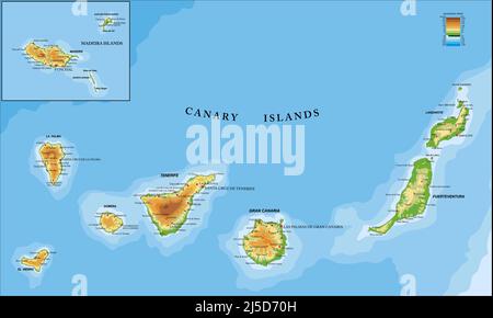 Highly detailed physical map of the Canary and Madeira islands ,in vector format,with all the relief forms,regions and big cities. Stock Vector