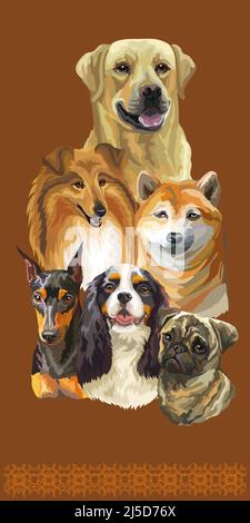 Set of colorful realistic vector portraits of different dogs breeds. Vector isolated illustration. Vertical poster on brown background. For print, dec Stock Vector