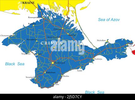 Highly detailed vector map of Crimea with administrative regions, main cities and roads. Stock Vector