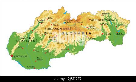 Highly detailed physical map of Slovakia,in vector format,with all the relief forms,regions and big cities. Stock Vector