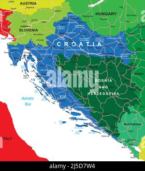 Highly detailed vector map of Croatia with administrative regions,main cities and roads. Stock Vector