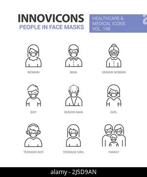 Family members wearing masks - line design style icons set Stock Vector