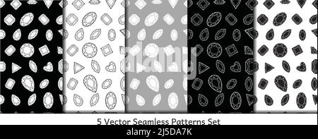 Set of 5 monochrome seamless patterns with crystals Stock Vector