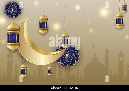 Ramadan Kareem banner background. Ramadan Islamic holiday design templates with gold crescent moon. Stock Vector
