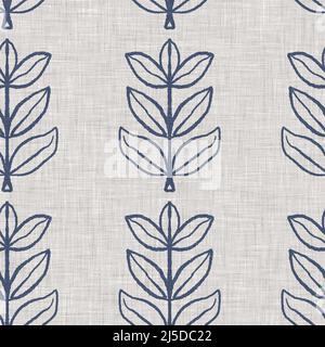 French blue botanical leaf linen seamless pattern with 2 tone country cottage style motif. Simple vintage rustic fabric textile effect. Primitive Stock Photo