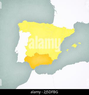Andalusia on the map of Spain with softly striped vintage background. Stock Photo