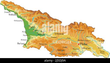 Highly detailed physical map of Georgia,in vector format,with all the relief forms,regions and big cities. Stock Vector