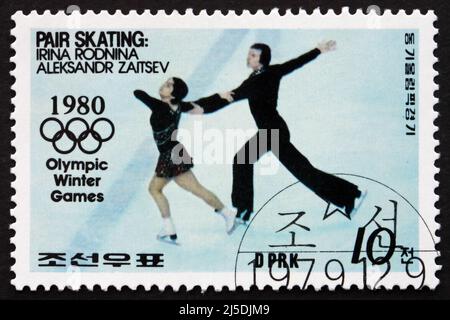 NORTH KOREA - CIRCA 1979: a stamp printed in North Korea shows Figure Skating, Irina Rodnina and Aleksandr Zaitsev, Winter Olympic Games, Lake Placid, Stock Photo