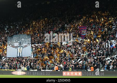 Newcastle United fans with Wor Flags in support of Allan Saint-Maximin of Newcastle United ahead of the match - Newcastle United v Crystal Palace, Premier League, St James' Park, Newcastle upon Tyne, UK - 20th April 2022  Editorial Use Only - DataCo restrictions apply Stock Photo