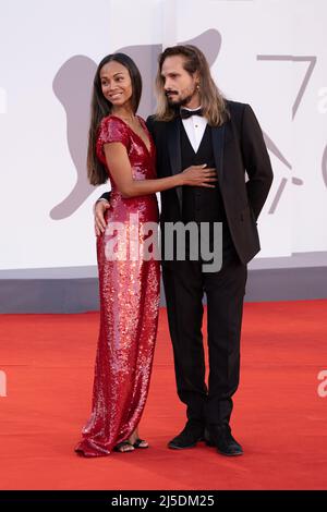 Venice, Italy, September 2, 2022 - Zoe Saldana with her husband Marco Perego attends the red carpet at 78° Venice Film Festiva. Credits: Luigi de Pompeis/Alamy Live News Stock Photo