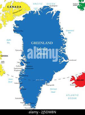 Highly detailed vector map of Greenland with administrative regions, main cities. Stock Vector