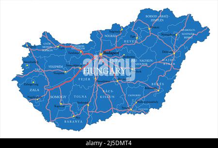 Hungary- highly detailed vector map with administrative regions, main cities and roads. Stock Vector