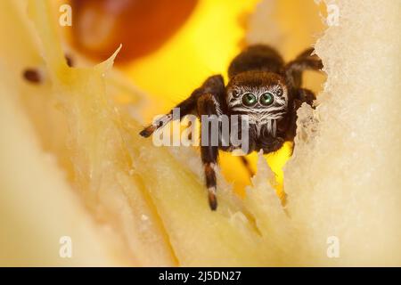 Jumping spider inside yellow chopped apple looking at the camera Stock Photo