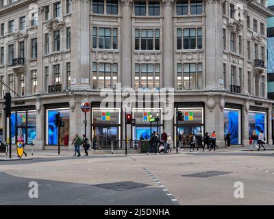 London, UK-27.10.21: Microsoft Store on Oxford Circus in London. One of Four stores that weren't closed but renovated into 'experience centres' Stock Photo